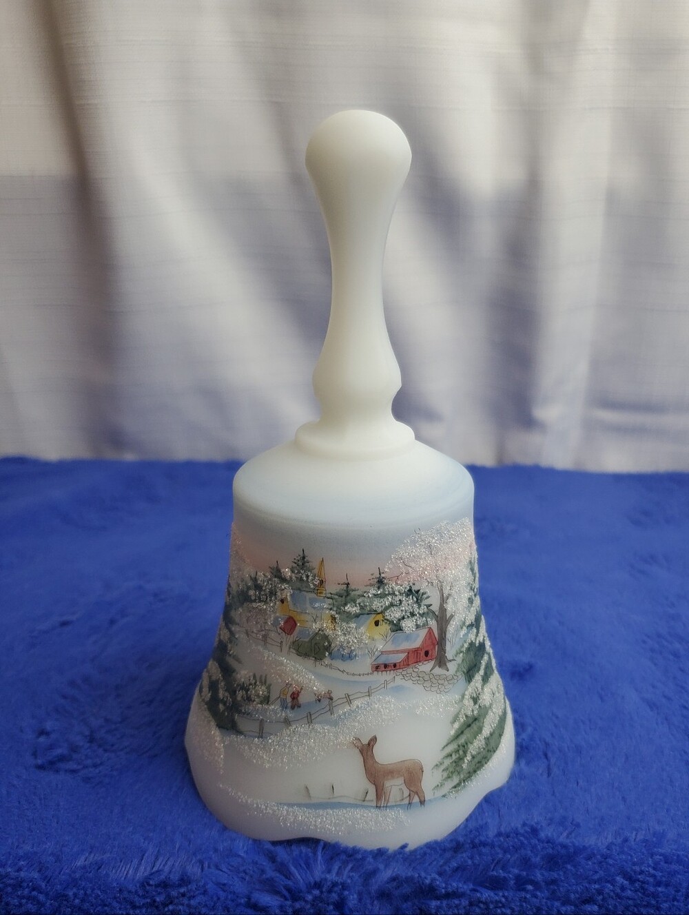 Vintage Fenton Satin Glass Bell Winter Scene 1992 #1781 of 3500 Signed A. Farley